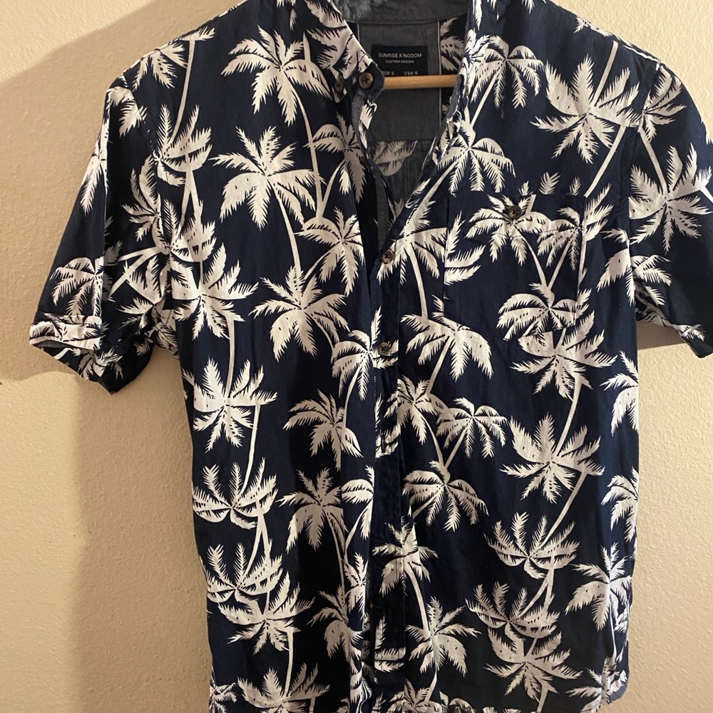 Navy and White Palm Print Casual Shirt